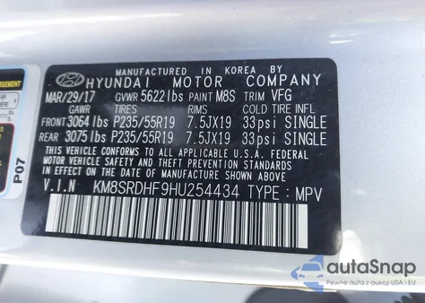 2017 Hyundai Santa Fe Limited Ultimate из США, поврежденный, VIN KM8SRDHF9HU254434